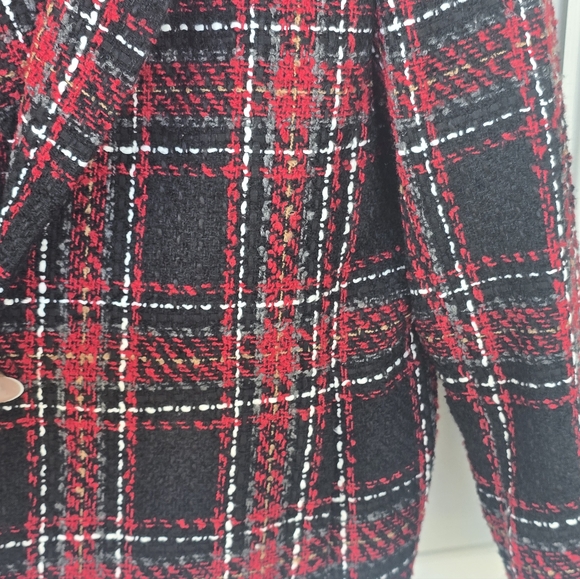 Kasper Plaid Tweed Blazer Jacket Sz 14 Women Red Black Velvet Collar Trim New - Picture 10 of 15